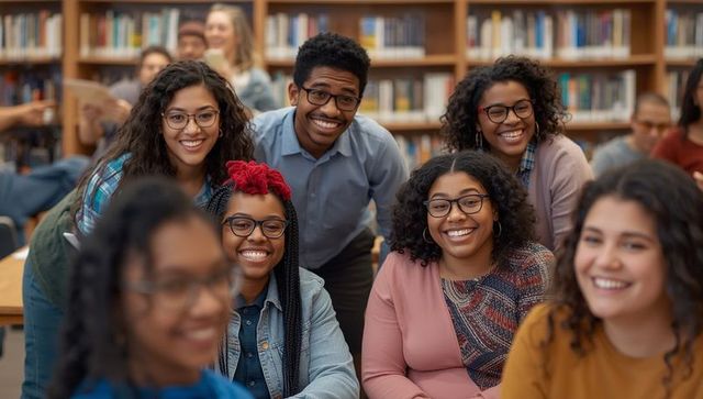 Smiling adult students collaborating in library study area