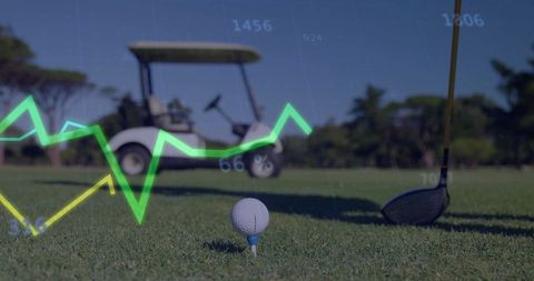 Golf ball on tee with financial chart overlay on green course