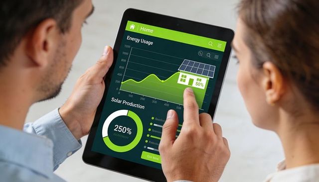 Couple examining home energy dashboard on tablet showing solar 250% and battery 50%