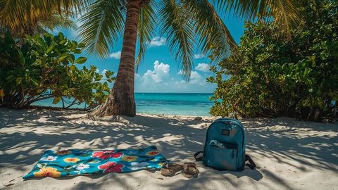 Relaxing seashore scene with palm trees and backpack