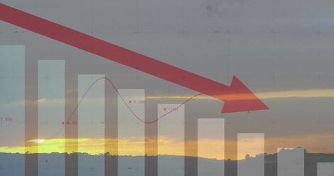 Red downward arrow over bar graph and magenta trend line against sunset horizon