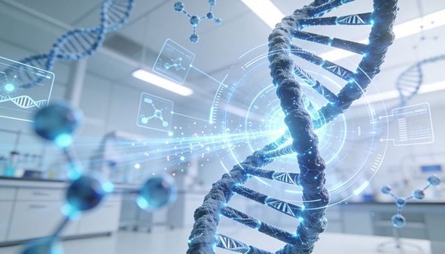 Glowing dna double helix with holographic data interface in modern laboratory