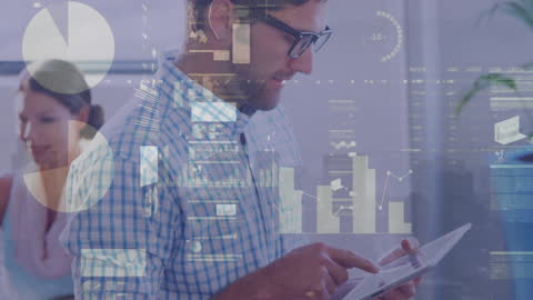 Man Analyzing Financial Data on Tablet in Modern Office