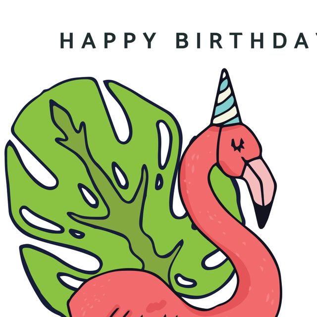 A whimsical flamingo wearing a party hat with tropical leaves in background. Ideal for birthday invitations, party cards, and festive decorations. Suitable for various creative uses like digital e-cards, print, and event posters.