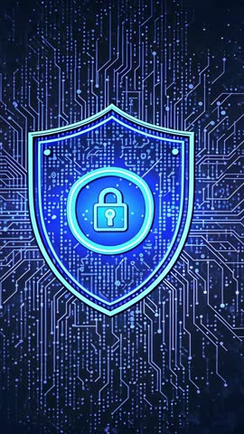 Pulsing Blue Shield Rotating and Securing Digital Network — Vertical Cybersecurity Animation