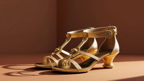 Elegant Gold Strappy Sandals with Sculpted Heels and Medallion Decorations
