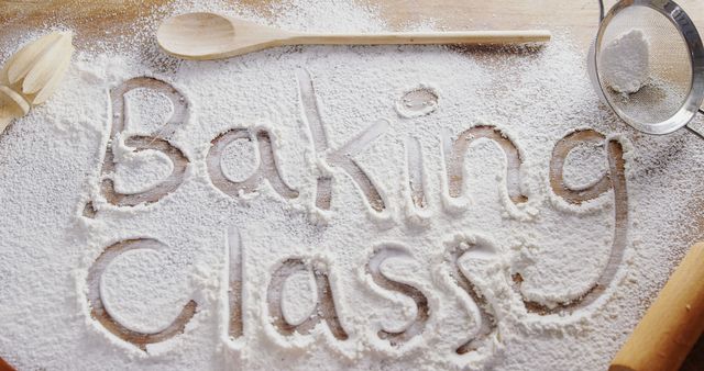 Baking Class Text Written in Flour with Baking Utensils - Download Free Stock Images Pikwizard.com