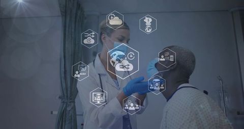 Clinician performing covid-19 nasal swab with digital health interface overlay