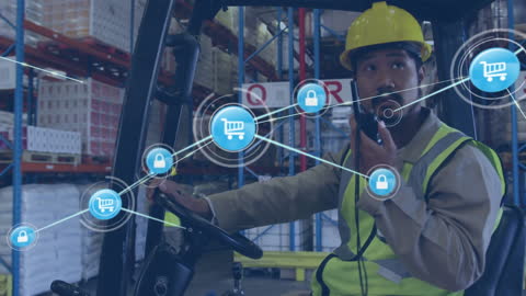 Logistics Worker in Forklift Communicating via Walkie-Talkie in Networked Warehouse