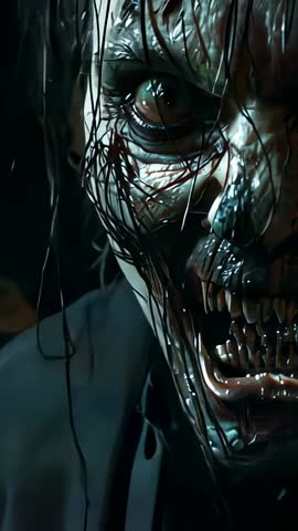 Vertical horror close-up snarling undead ghoul leaning into camera with wet skin and bared teeth