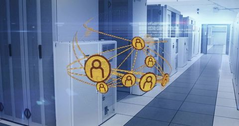 Holographic network nodes in futuristic server room corridor
