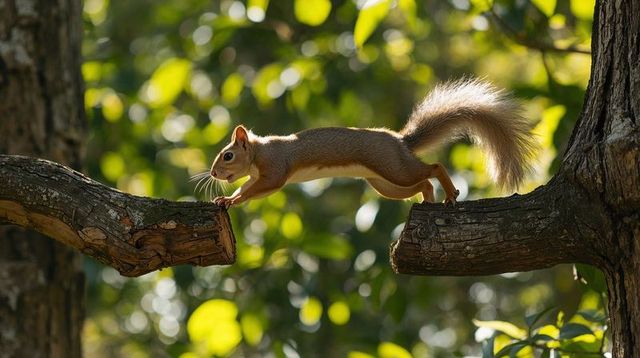 Leaping red squirrel bridging sunlit tree branches with bushy tail and backlit fur