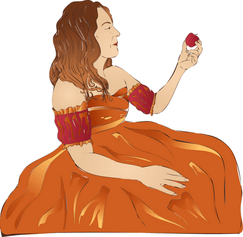 Elegant woman in orange gown holding red apple concept art