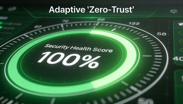 Adaptive zero-trust security health dashboard featuring neon green 100% circular gauge