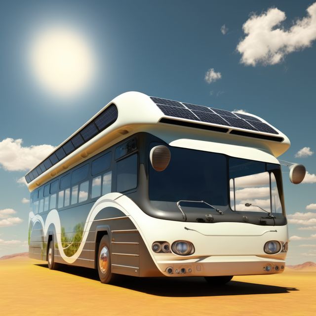 Modern electric bus equipped with solar panels, parked in a sunlit desert. Useful for topics on sustainable transportation, renewable energy, green technology, eco-friendly travel, and futuristic vehicle design. Ideal for environmental awareness campaigns, educational materials on green innovations, or promotional content for sustainable transport solutions.