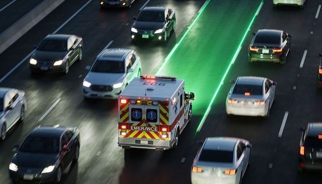 Ambulance carving through rush hour traffic with neon green led guided emergency lane