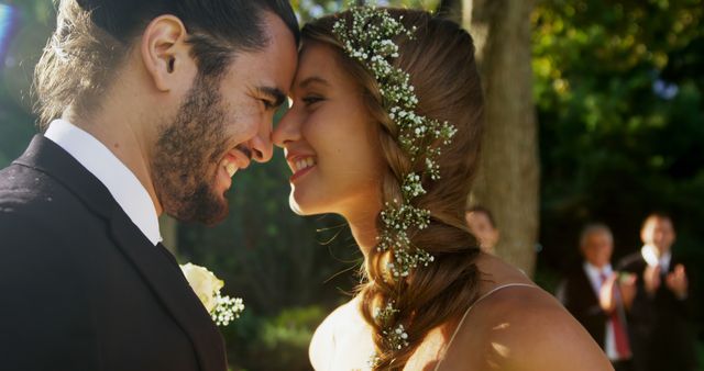 Happy Bride and Groom Enjoying Tender Moment at Outdoor Wedding - Download Free Stock Images Pikwizard.com