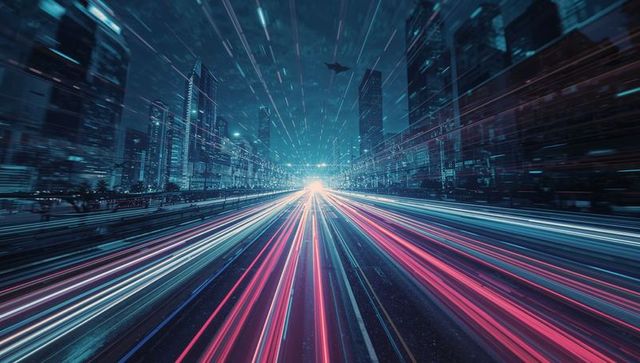 Neon Light Trails Zoom Through Futuristic Cyberpunk Cityscape