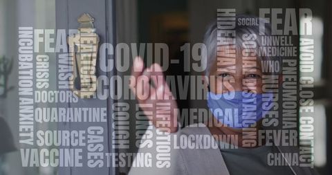 Senior woman in quarantine greeting from doorway with covid-19 concepts