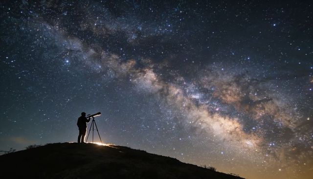 Silhouette stargazer observing milky way with telescope on hilltop under starry night sky