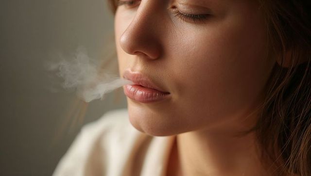 Closeup woman exhaling soft smoke plume from lips, intimate contemplative facial portrait