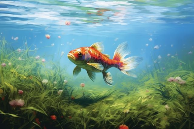 Colorful koi fish gracefully swimming in clear pond with aquatic plants. Use for themes of nature, aquatic life, tranquility, gardens, and natural beauty.