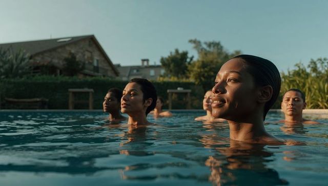 Sunlit synchronized swimmers forming serene formation in outdoor pool at golden hour