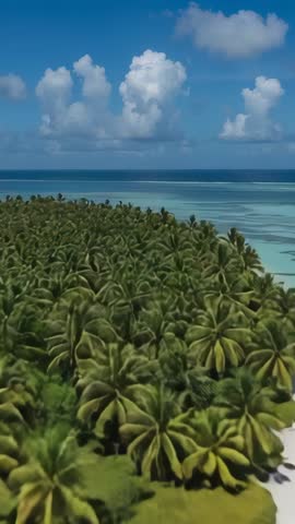 Vertical drone lifting over turquoise lagoon and cumulus clouds, descending to palm canopy