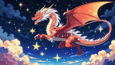 Celestial red anime dragon soaring through starry twilight