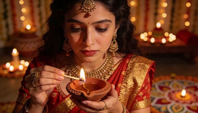 Young indian woman lighting diya during diwali wearing red gold saree and jewelry