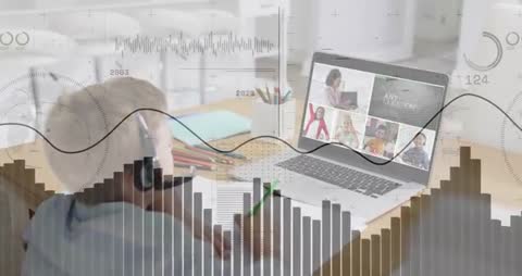 Boy Engaging in Online Class with Digital Data Overlays
