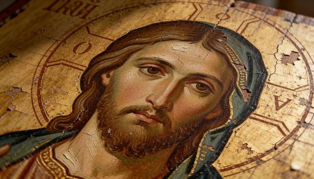 Close-up tempera icon of jesus christ on aged wooden panel with craquelure and gilding