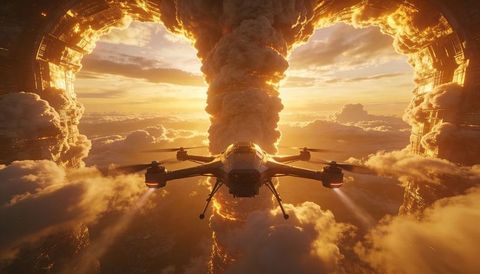 Futuristic drone approaching colossal ring megastructure above golden cloudscape at sunset
