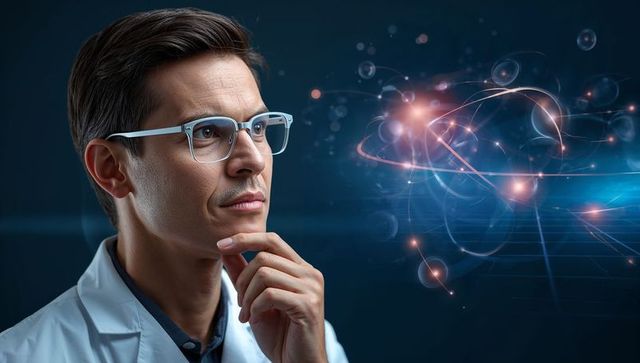 Contemplative scientist studying holographic particle simulation and data visualization