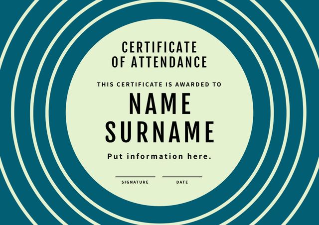 This elegant certificate of attendance template features a stylish green and white design, ideal for various formal recognitions and awards. Customizable fields allow easy personalization for any recipient. Suitable for educational institutions, corporate events, workshops, and seminars. Enhances the presentation of any achievement or participation acknowledgment.