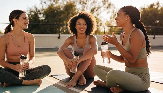 Women cooling down after rooftop workout on yoga mats holding water bottles and laughing