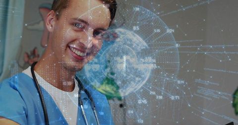 Doctor integrating digital earth hologram in healthcare environment
