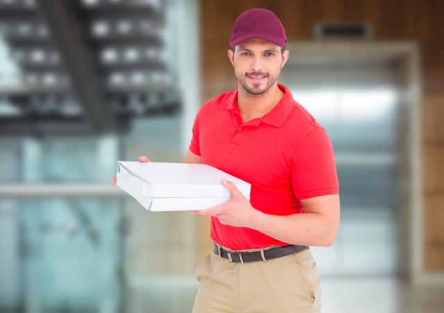 Man standing in front of an elevator, wearing a red cap and red polo shirt, holding pizza boxes. Image ideal for illustrating food delivery services, contactless delivery options, courier business, or uniformed service employees being ready and professional.