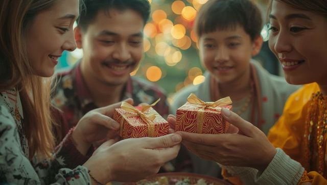 Family exchanging gifts in festive setting