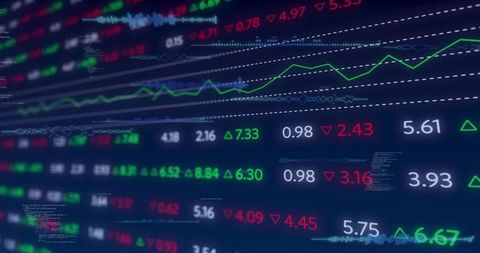 Realtime market ticker dashboard showing stock prices, green trend line and analytics