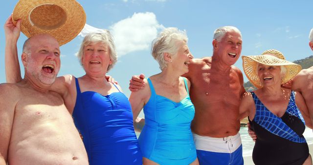 Senior Friends Enjoying Beach Vacation in Swimwear - Download Free Stock Images Pikwizard.com