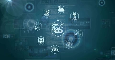 Global Cloud Network Interface with Hexagonal Data Icons on Abstract Digital Dashboard
