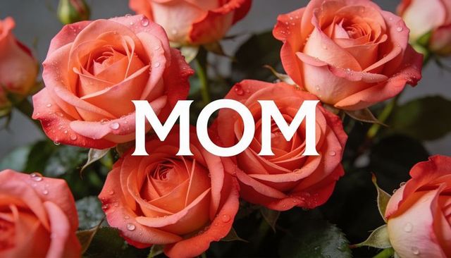 Coral pink dewy roses with mom text for mother's day greeting card and banner