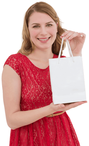 Smiling Blonde Woman in Red Dress Holding Transparent Shopping Bag