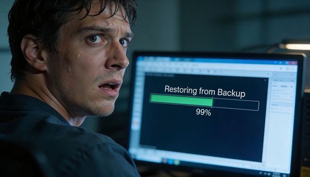 Stressed IT Technician Sweating While Restoring Backup at 99% on Monitor, Tense Closeup