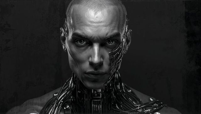 Staring cybernetic android portrait showing exposed metallic plating and intricate wiring