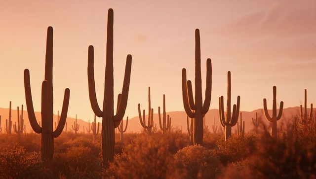 Sunset over desert landscape with tall saguaro cacti and mountains
