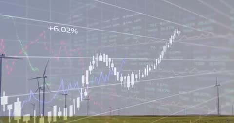 Rising Stock Market Trends Over Wind Turbines Illustrating Renewable Energy