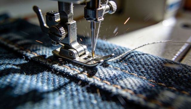 Macro sewing machine stitching denim double seam with orange thread sparks and texture