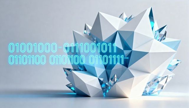 Futuristic low-poly crystal sculpture featuring neon binary code and cyan holographic glow
